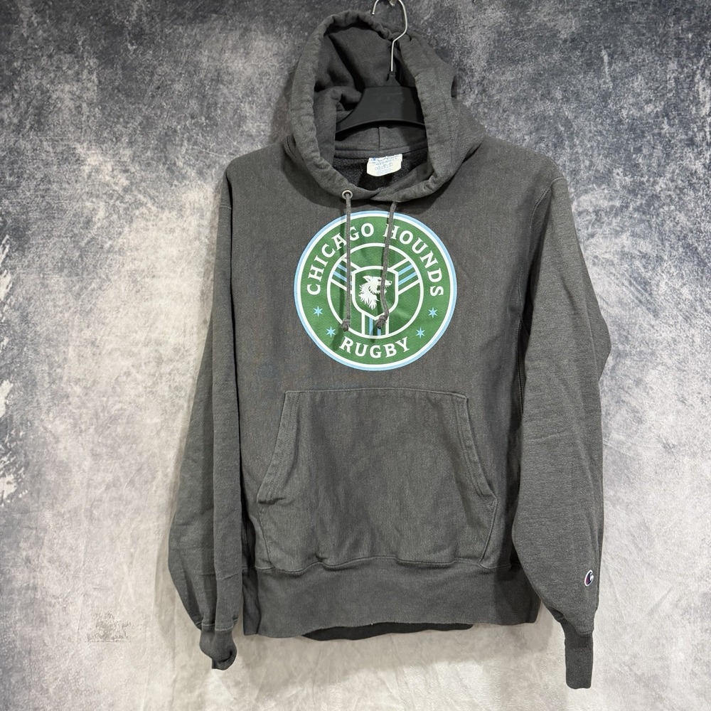 Champion Chicago Hounds Rugby Drawstring Hoodie Gray Chest Logo M Pullover